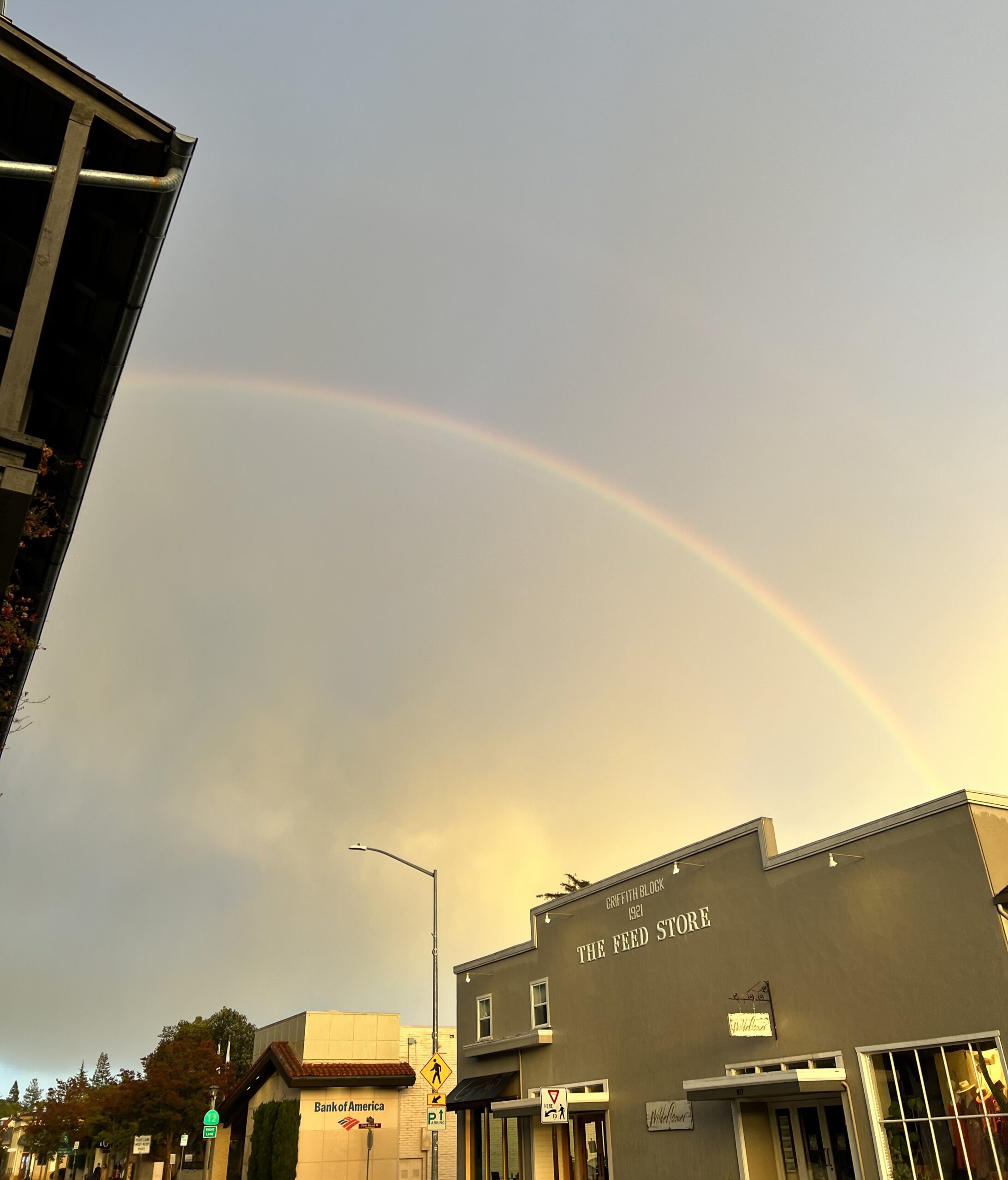 A double rainbow above two buildings against a blue and grey sky.