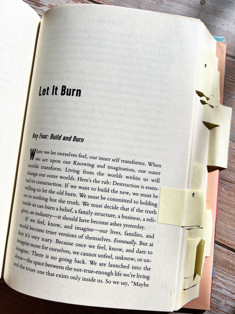 A page from Glennon Doyle's book "Untamed" with text and a chapter title called "Let It Burn" to relax