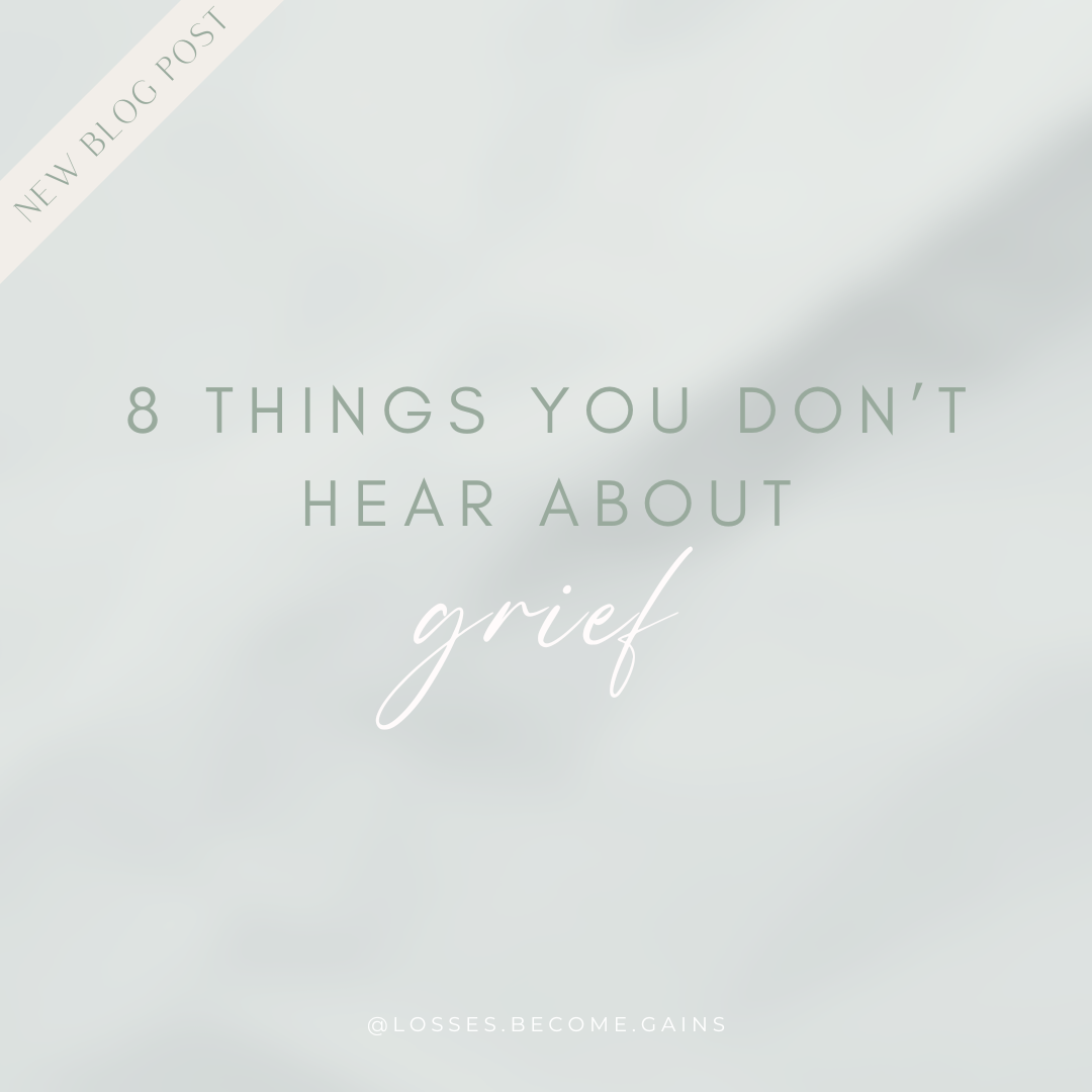 "8 Things You Don't Hear About Grief" text against a seafoam green graphic background