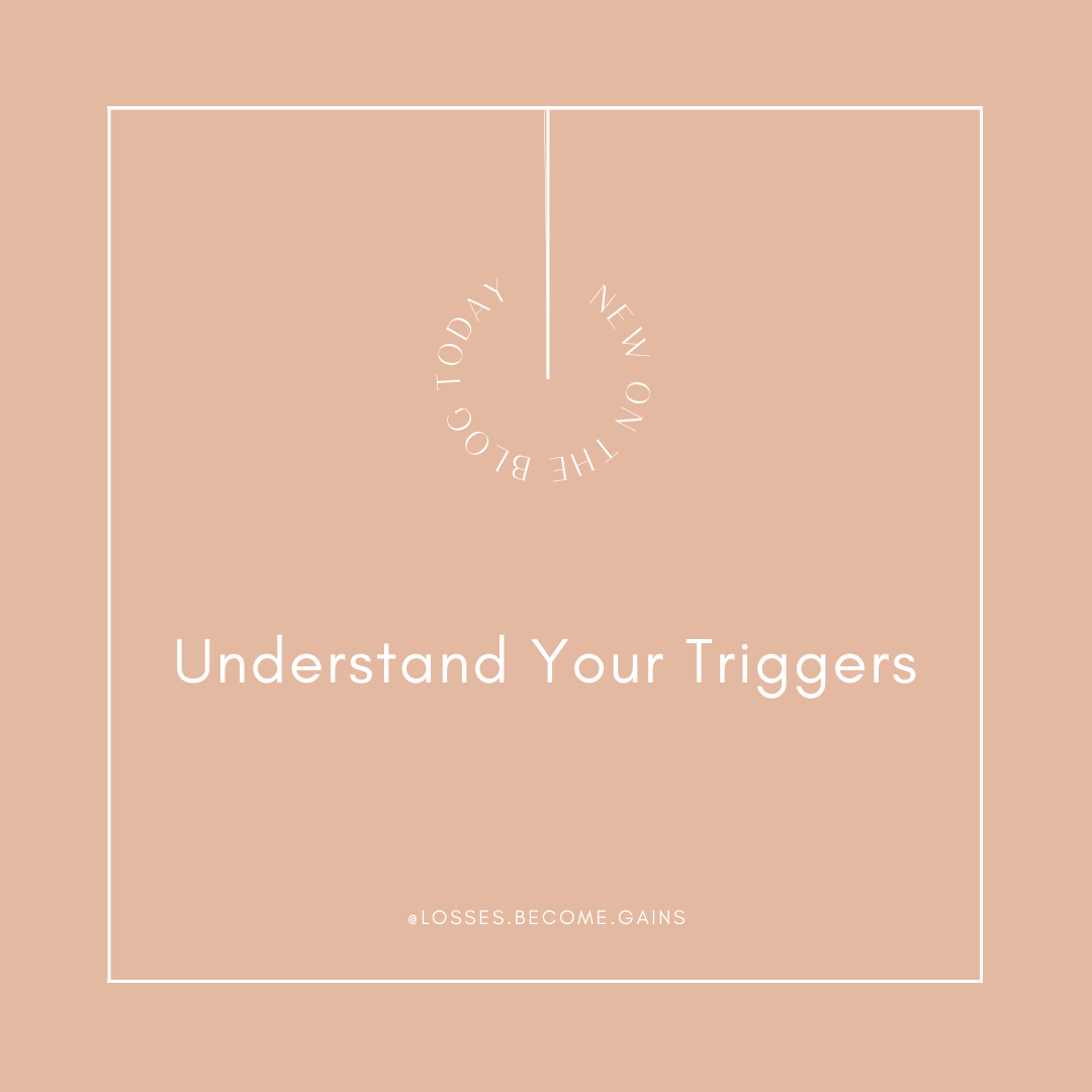 "Understand Your Triggers" text on a salmon pink background framed in a white square