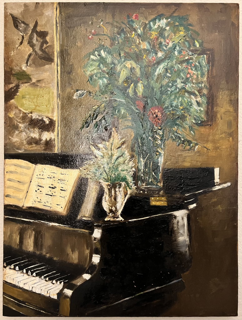 A painting with a piano and green plant sitting on top of it