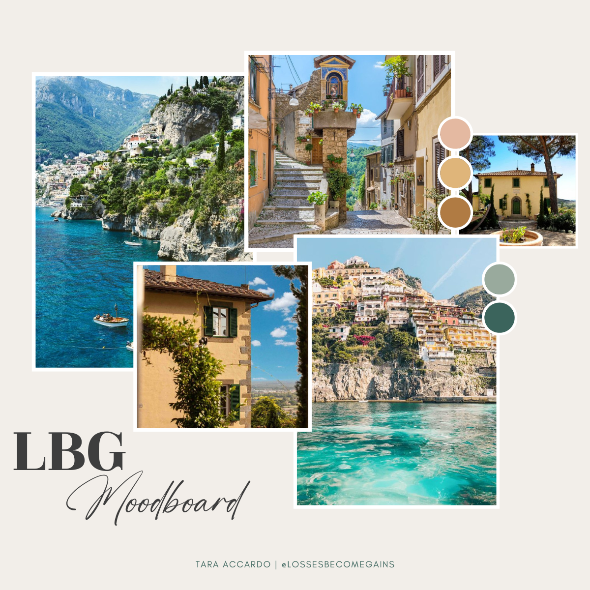 Losses Become Gains mood board, with five colors of Italy architecture and the Italian coast